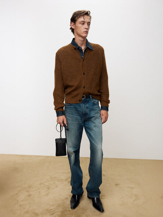 WOOL AND MOHAIR RIBBED MESH CARDIGAN